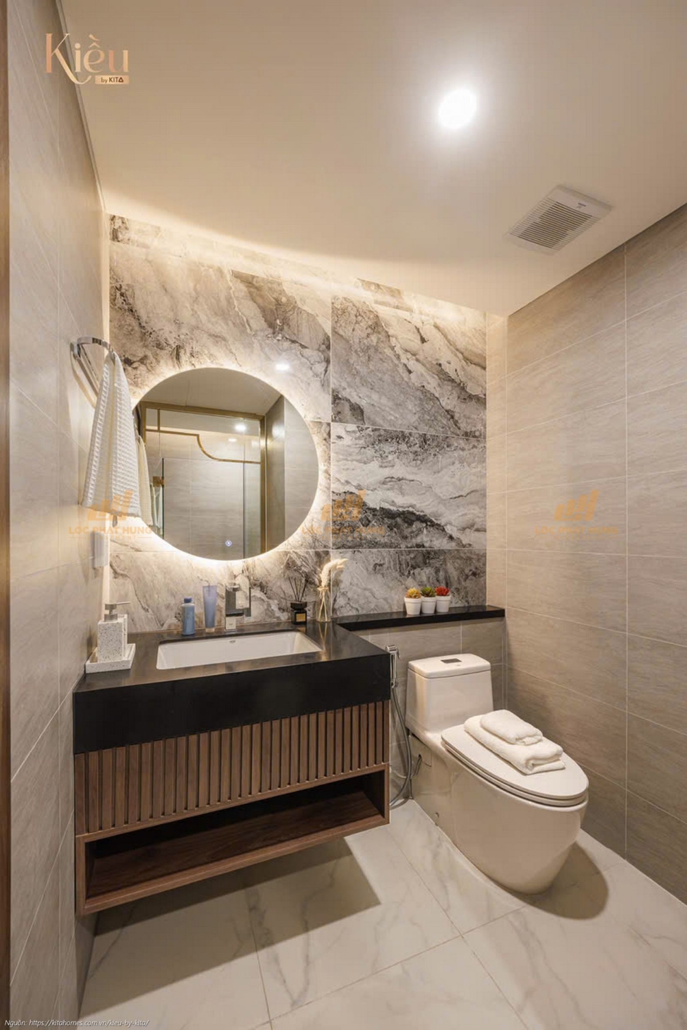 Ảnh thực tế phòng tắm sang trọng tại nhà mẫu căn hộ 23-02 (3PN 2WC, 155m2) dự án Kiều By Kita.