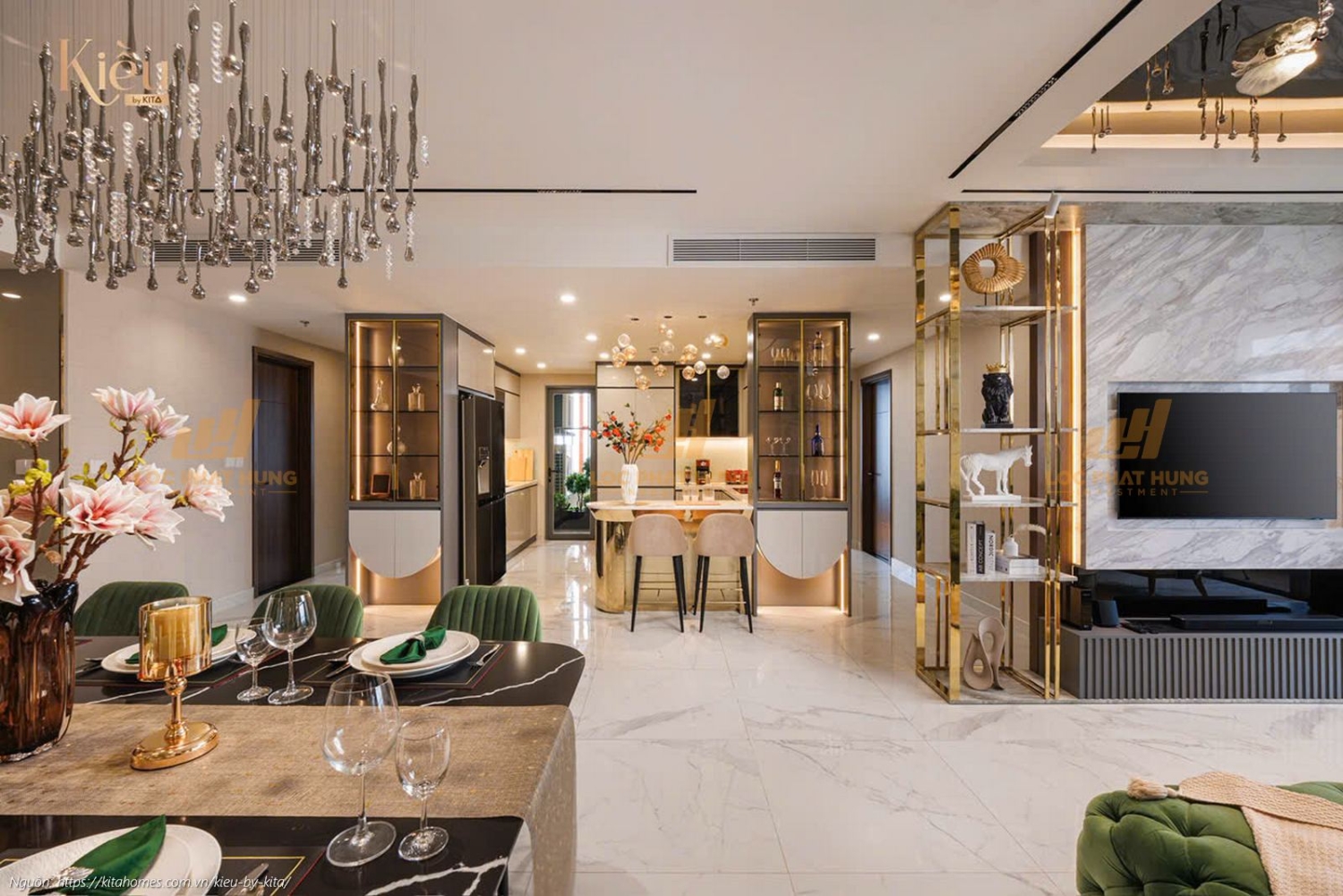 Ảnh thực tế nhà mẫu phòng khách căn hộ 23-02 (3PN-2WC, 155m2) dự án Kiều By Kita Quận 5, thiết kế sang trọng