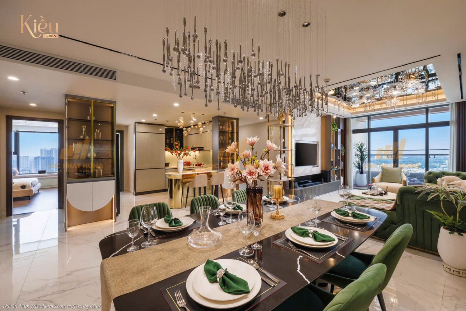 Ảnh thực tế nhà mẫu phòng khách căn hộ 23-02 (3PN-2WC, 155m2) dự án Kiều By Kita Quận 5, thiết kế sang trọng