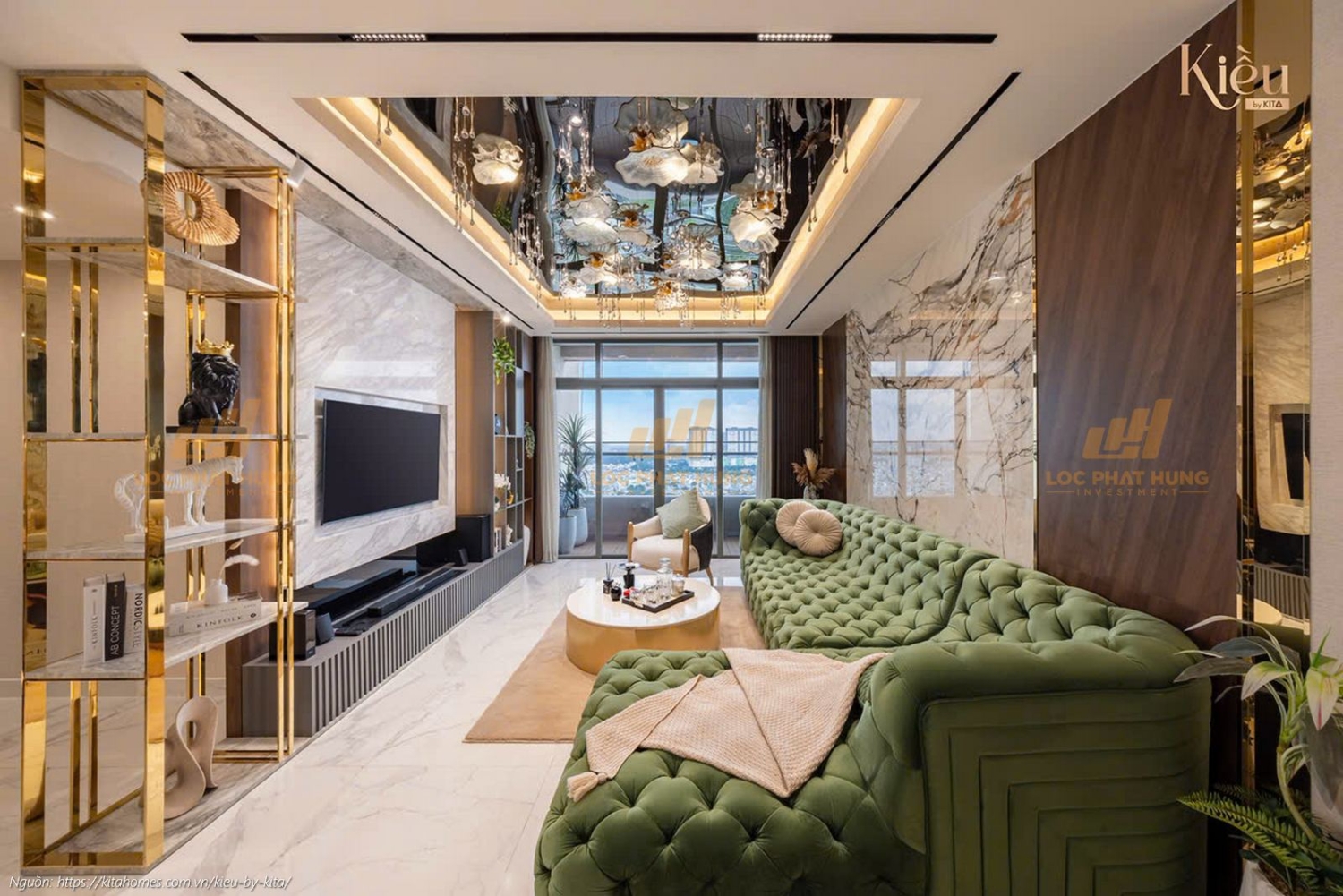 Ảnh thực tế nhà mẫu phòng khách căn hộ 23-02 (3PN-2WC, 155m2) dự án Kiều By Kita Quận 5, thiết kế sang trọng
