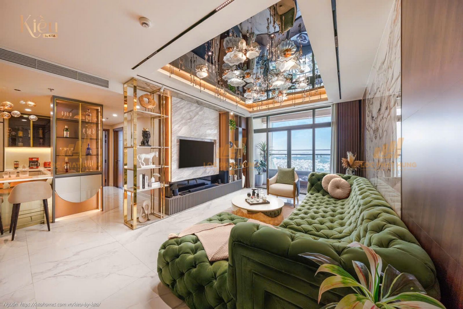 Ảnh thực tế nhà mẫu phòng khách căn hộ 23-02 (3PN-2WC, 155m2) dự án Kiều By Kita Quận 5, thiết kế sang trọng