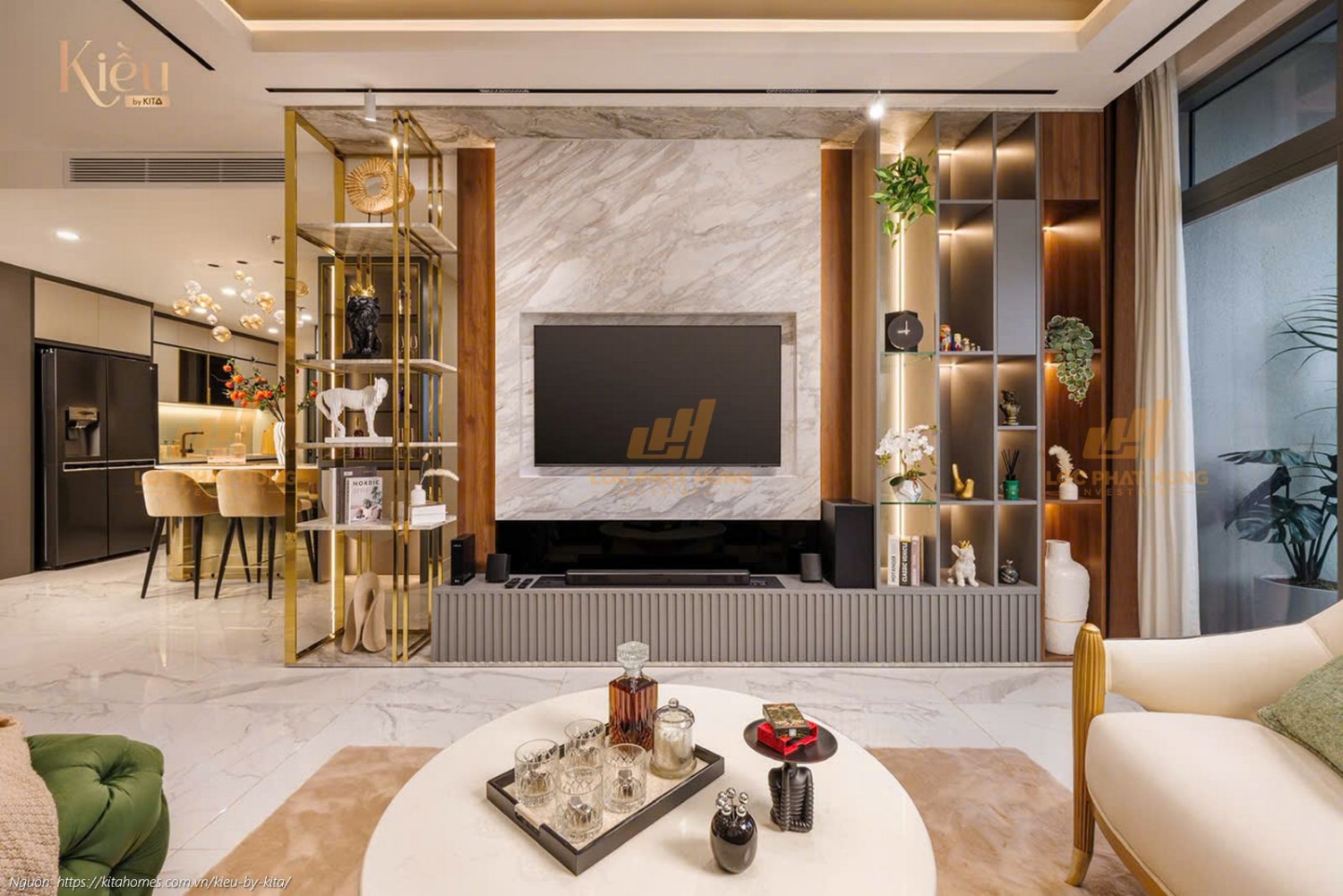 Ảnh thực tế nhà mẫu phòng khách căn hộ 23-02 (3PN-2WC, 155m2) dự án Kiều By Kita Quận 5, thiết kế sang trọng