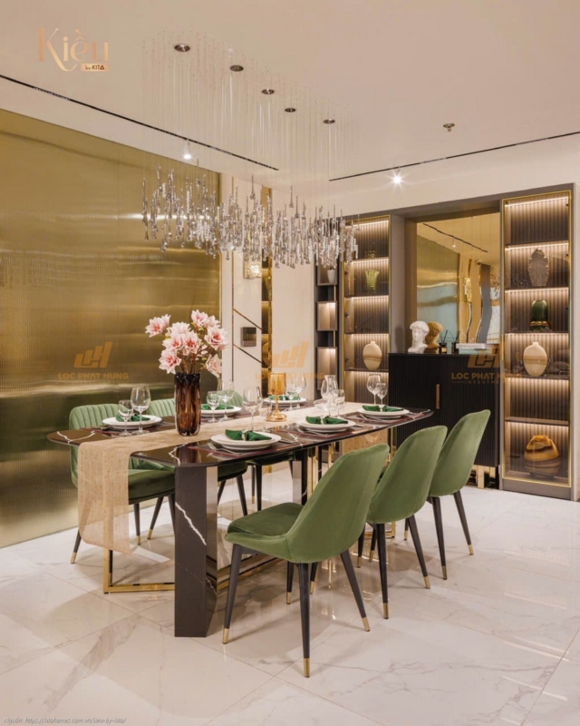 Ảnh thực tế nhà mẫu phòng khách căn hộ 23-02 (3PN-2WC, 155m2) dự án Kiều By Kita Quận 5, thiết kế sang trọng
