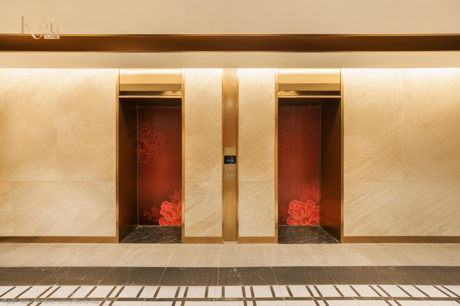 khu vực chờ thang máy tầng 1 sang trọng, an ninh tại dự án Kiều By Kita, 927 Trần Hưng Đạo, Quận 5.