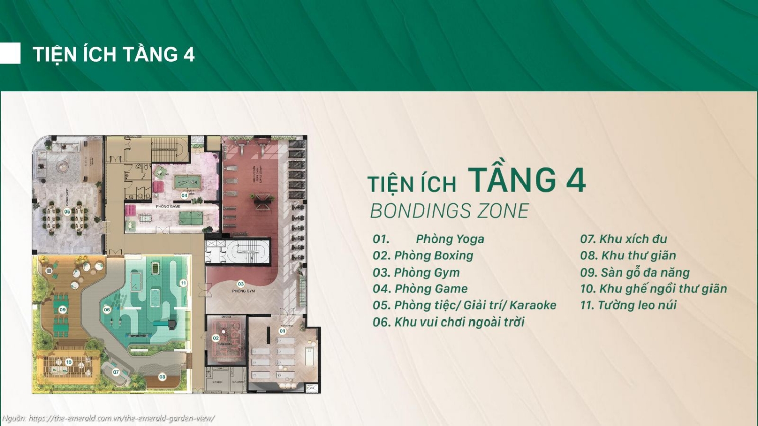 Chi tiết mặt bằng tiện ích giải trí tầng 4 Bondings Zone dự án The Emerald Garden View: Gym, Karaoke và Khu vui chơi