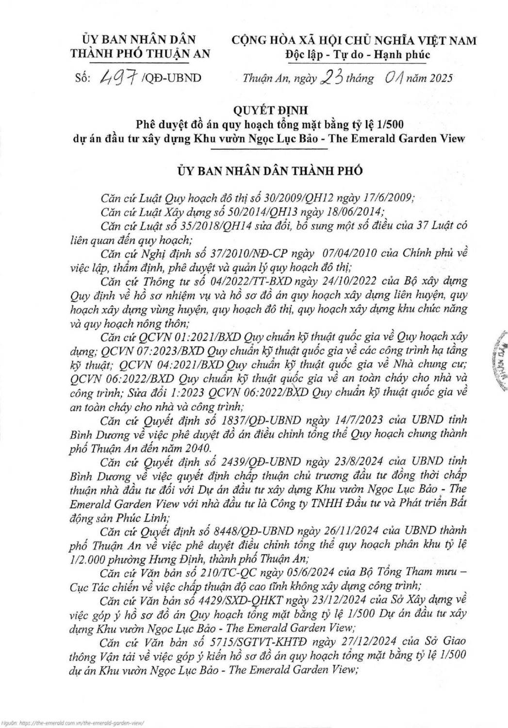 Quyết định phê duyệt đồ án quy hoạch chi tiết 1/500 dự án The Emerald Garden View