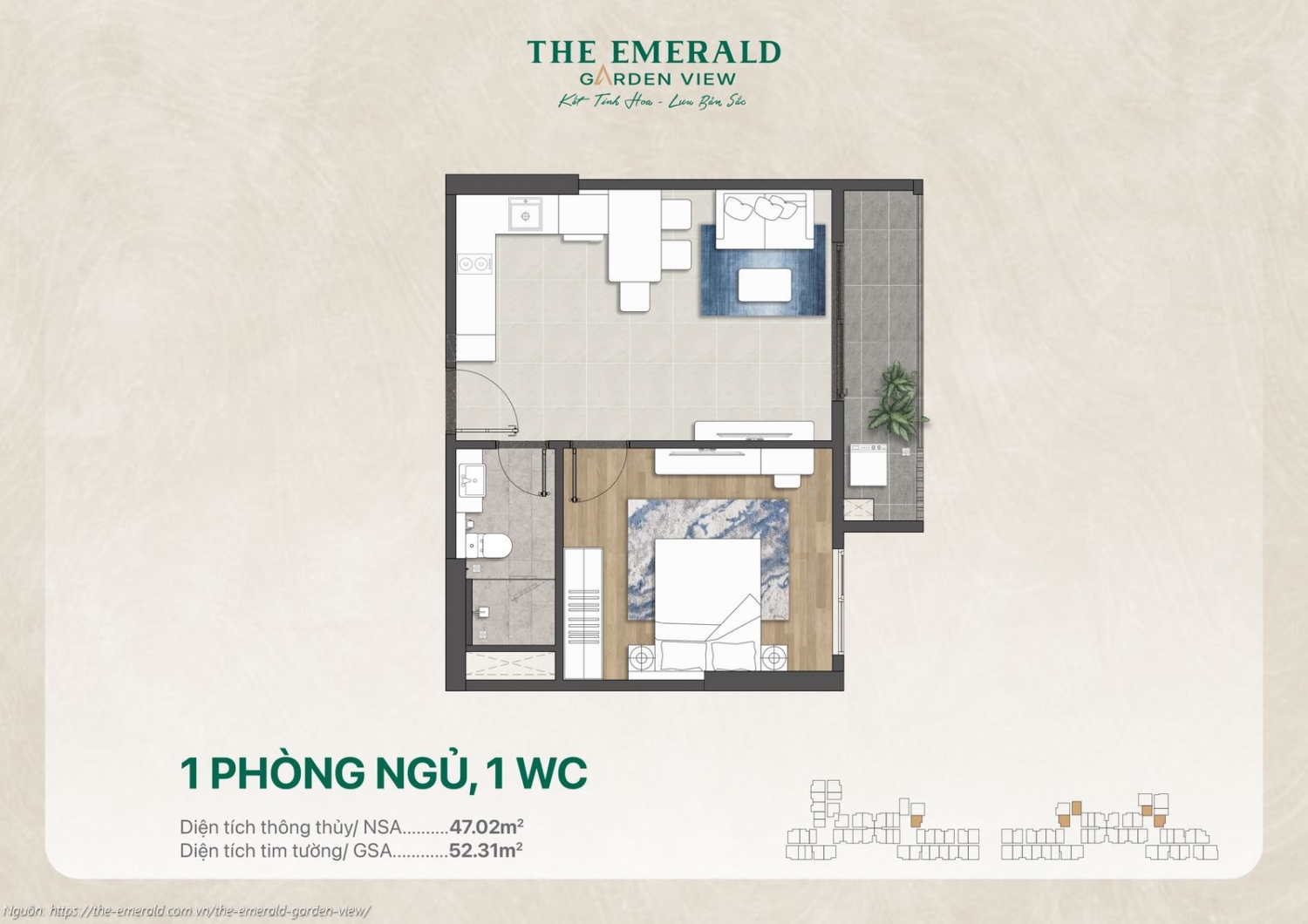 Mặt bằng thiết kế căn hộ 1 phòng ngủ (1PN) diện tích 52.31m2 dự án The Emerald Garden View