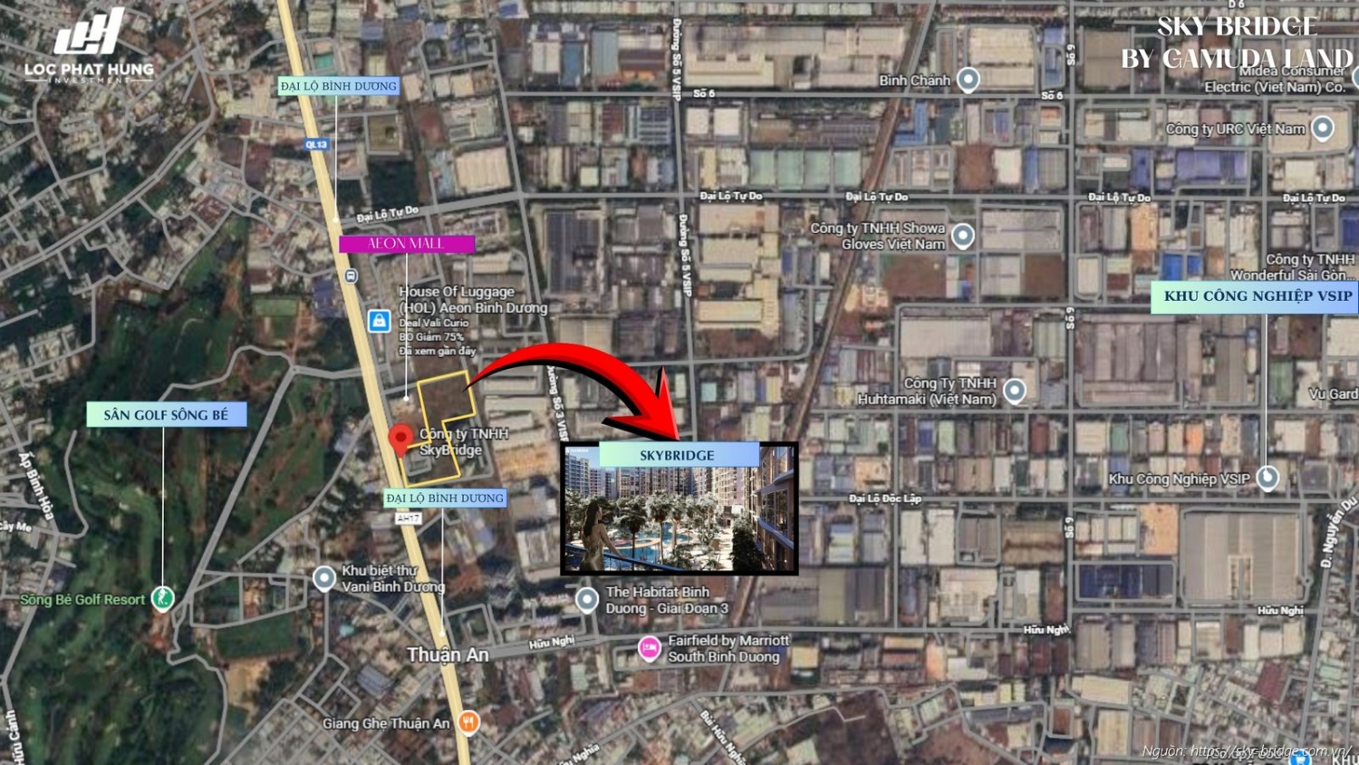 Vị trí dự án căn hộ Sky Bridge Mặt tiền Quốc Lộ 13, Thuận An, TPHCM liền kề Aeon Mall