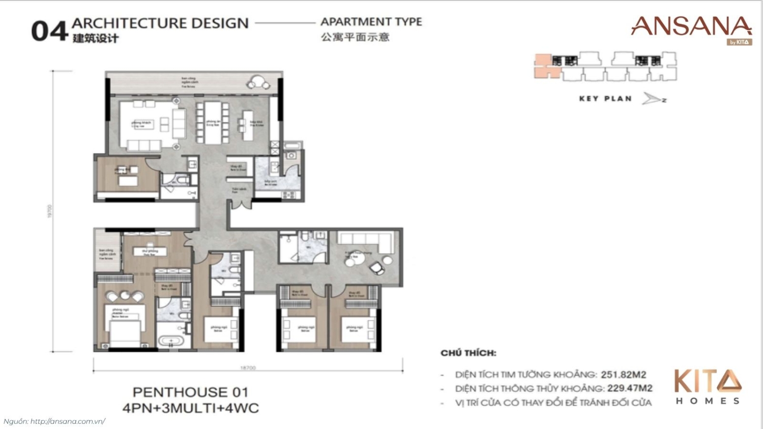 Chi tiết layout mặt bằng căn hộ 4 phòng ngủ Penthouse Ansana By Kita
