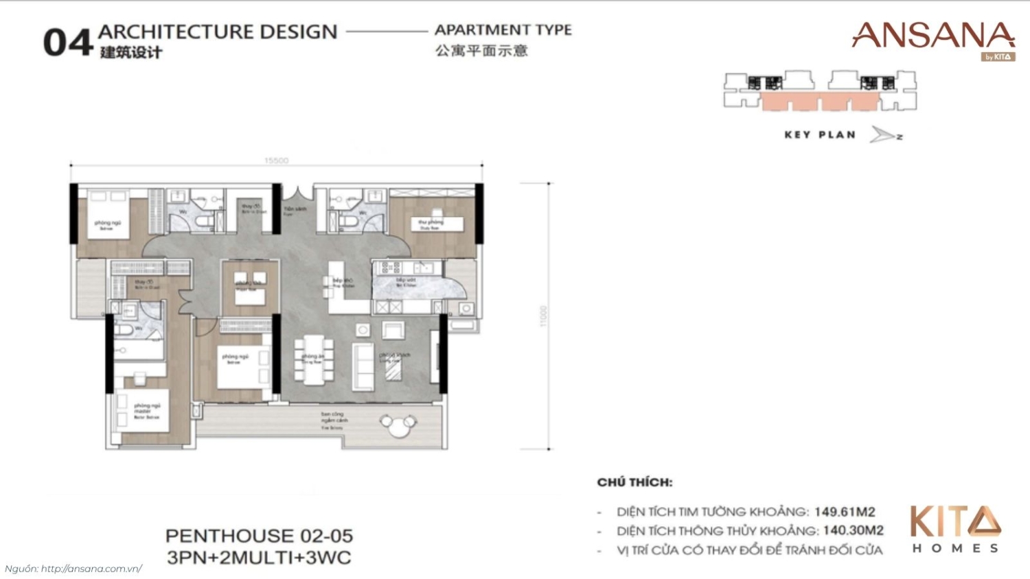 Chi tiết layout mặt bằng căn hộ 4 phòng ngủ Penthouse Ansana By Kita