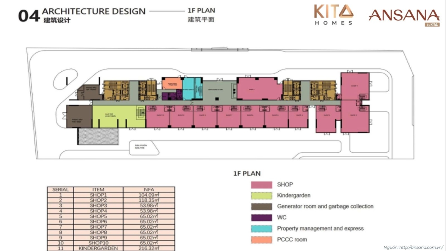 Sơ đồ mặt bằng thiết kế tầng 1 shophouse và tiện ích Ansana By Kita