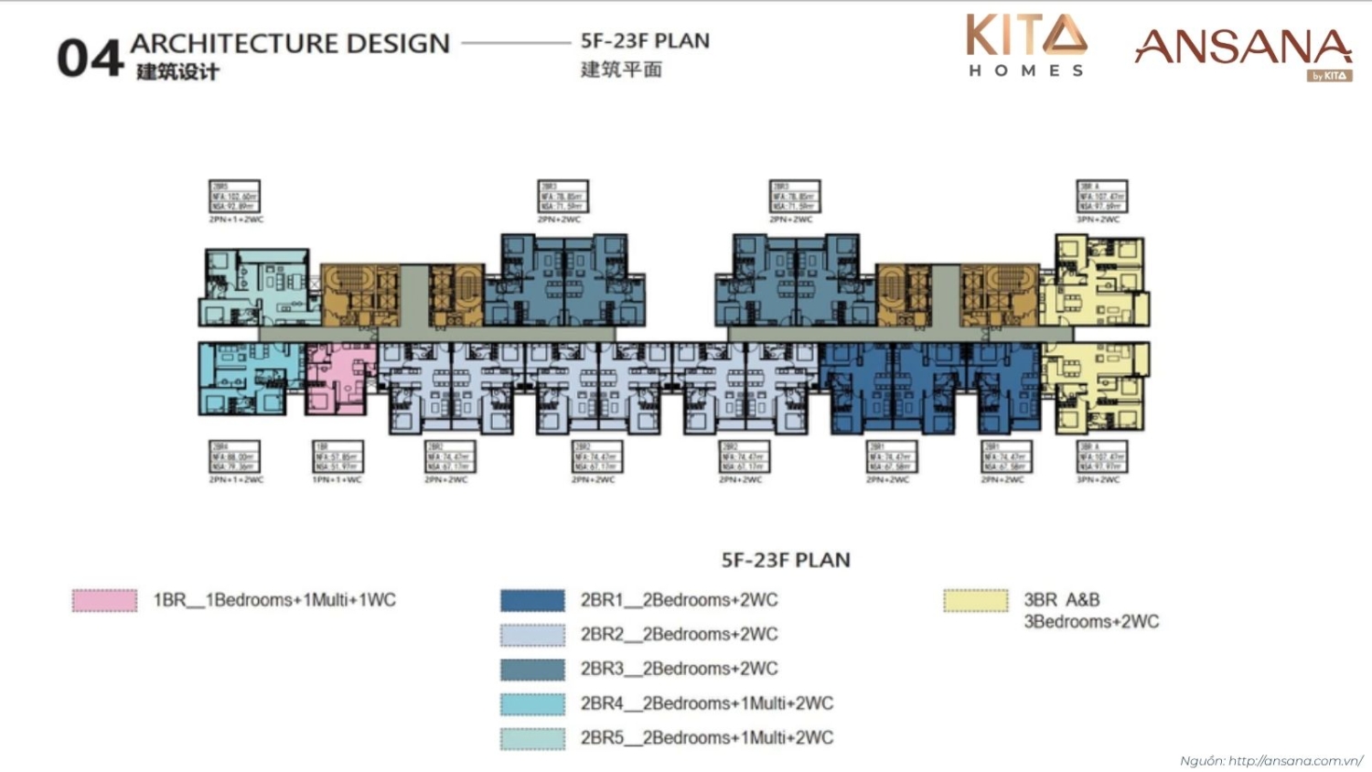 Mặt bằng tầng điển hình từ tầng 5 đến 23 căn hộ Ansana By Kita