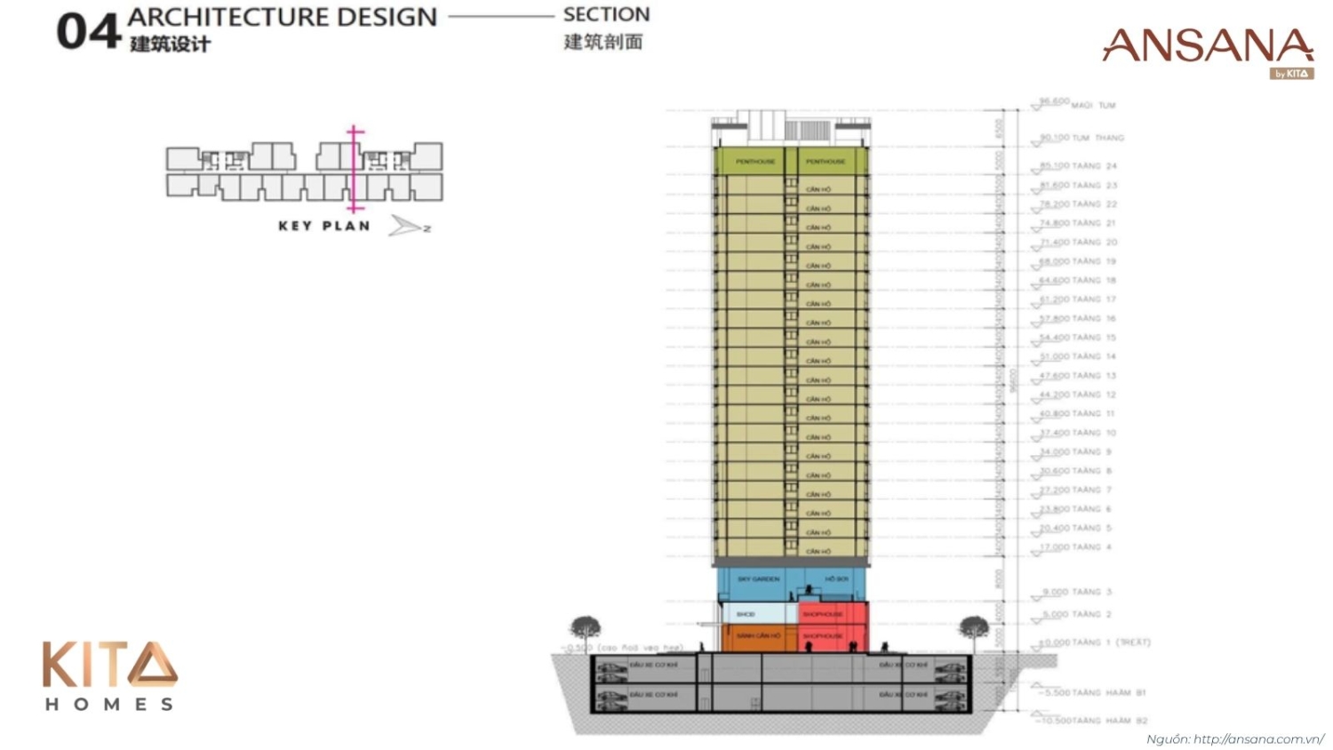 Bản vẽ mặt bằng đứng kiến trúc chi tiết tòa nhà Ansana By Kita