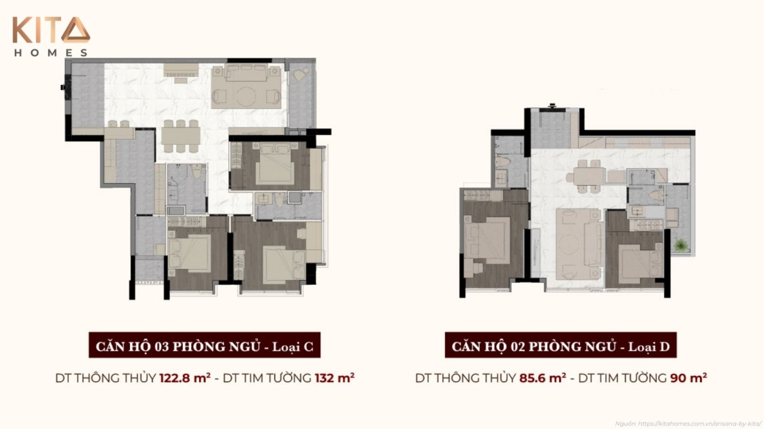 Hình ảnh mặt bằng thiết kế layout chi tiết các loại căn hộ tại dự án Ansana by Kita.