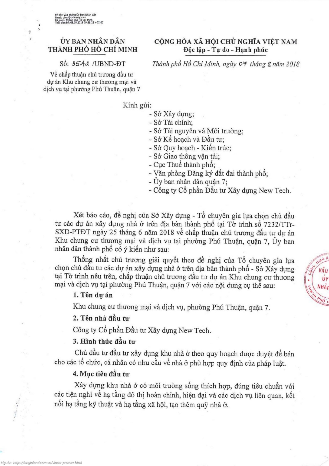 Văn bản chấp thuận chủ trương đầu tư dự án căn hộ chung cư Vlasta Premier Quận 7