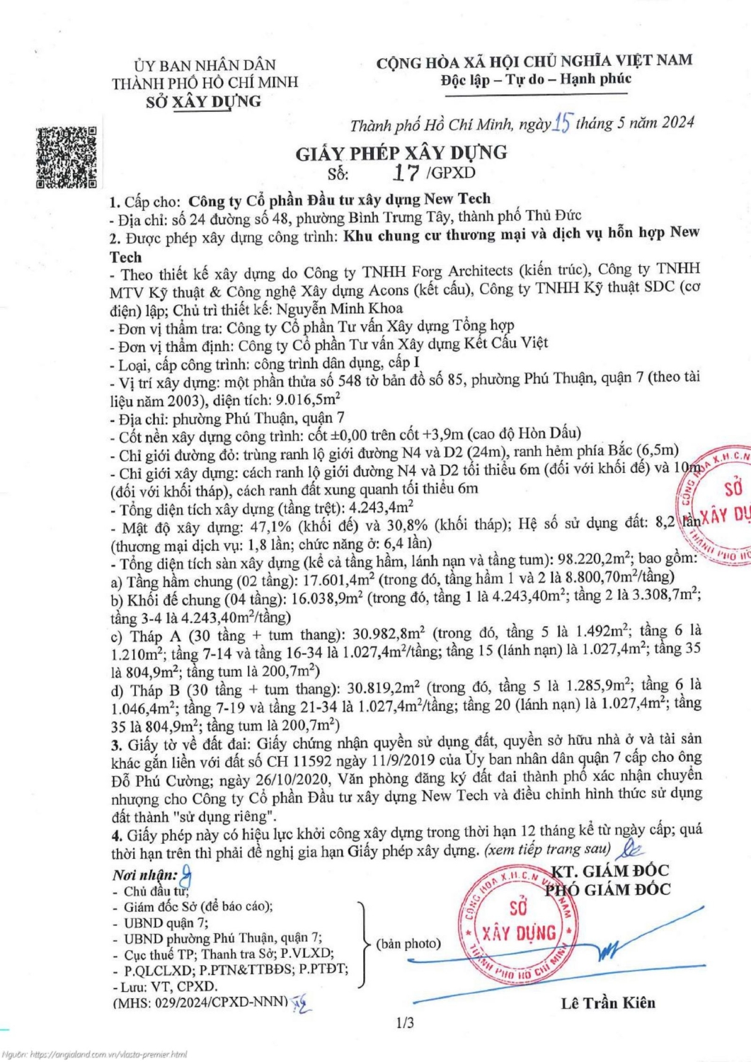 Giấy phép xây dựng số 17/GPXD dự án căn hộ chung cư Vlasta Premier Quận 7