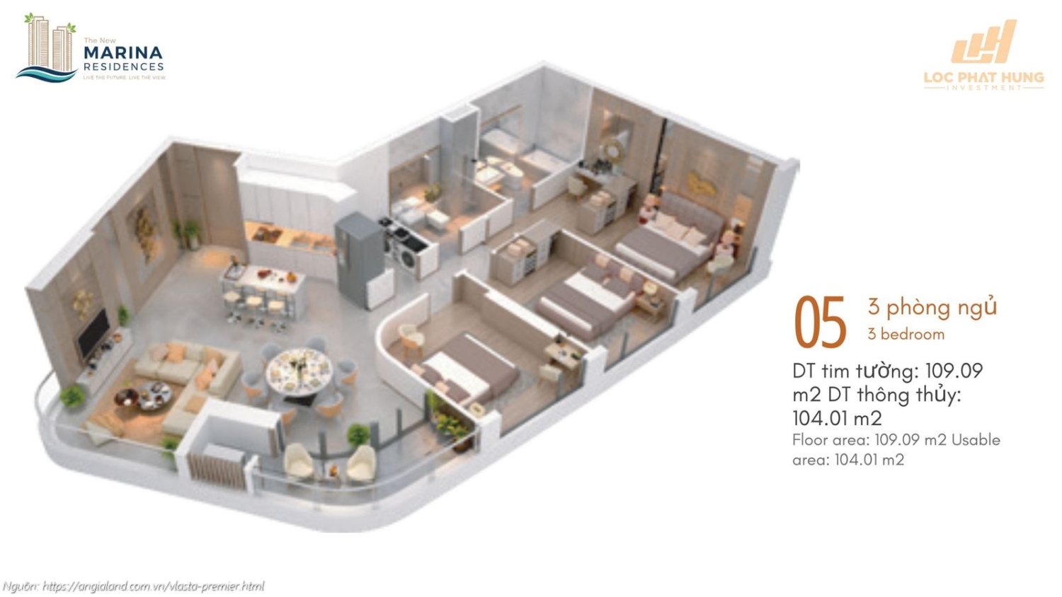 Thiết kế chi tiết căn hộ số 05 (3 phòng ngủ) diện tích 109.09 m2 dự án Vlasta Premier Quận 7