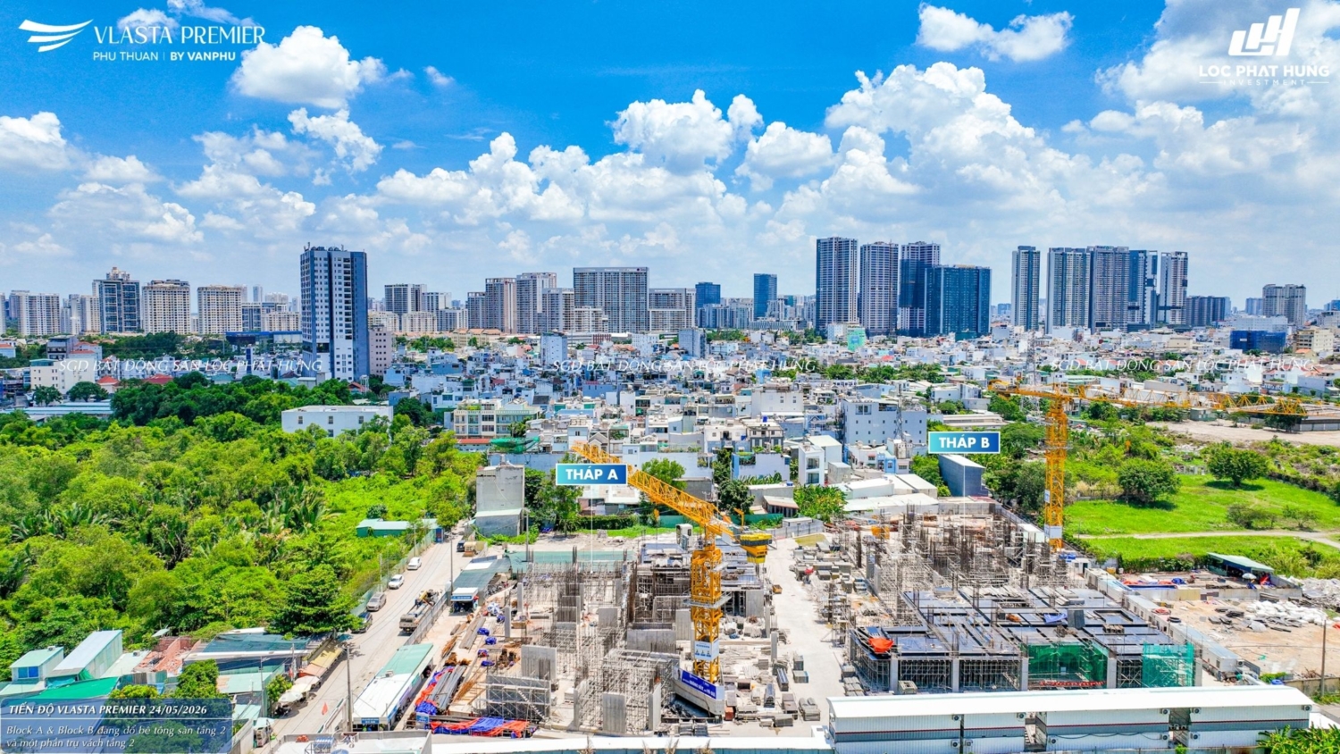 Hình ảnh thực tế tiến độ xây dựng phần thân và hạ tầng dự án Vlasta Premier ngày 24/05/2026
