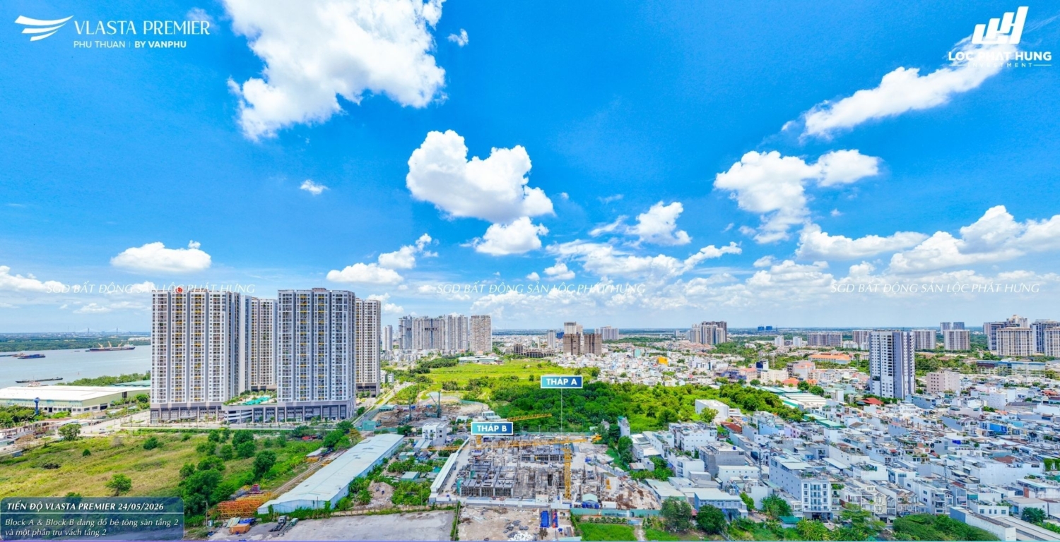 Hình ảnh thực tế tiến độ xây dựng phần thân và hạ tầng dự án Vlasta Premier ngày 24/05/2026