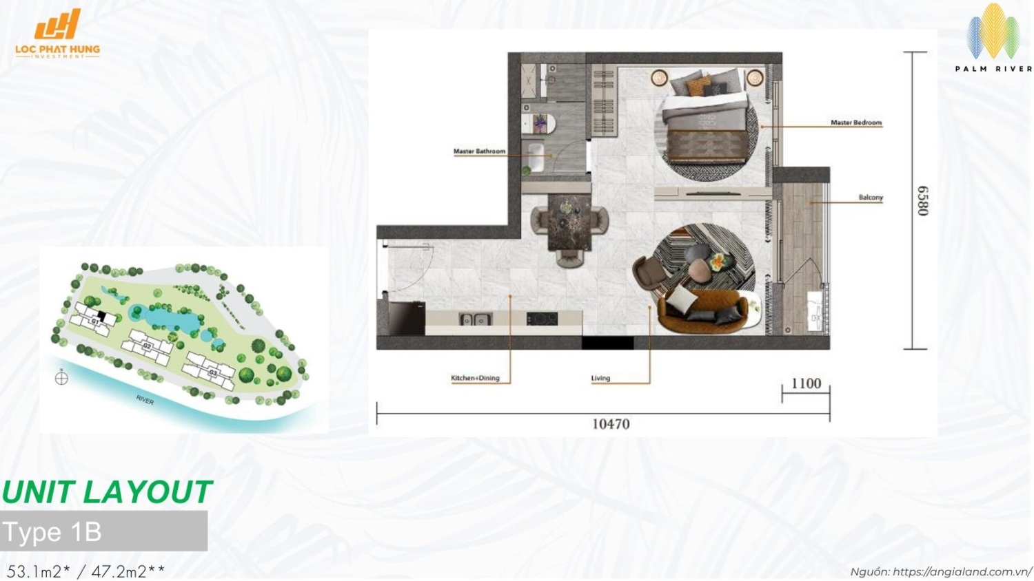 Mặt bằng căn hộ 1PN Type 1b dự án Palm River Quận 2