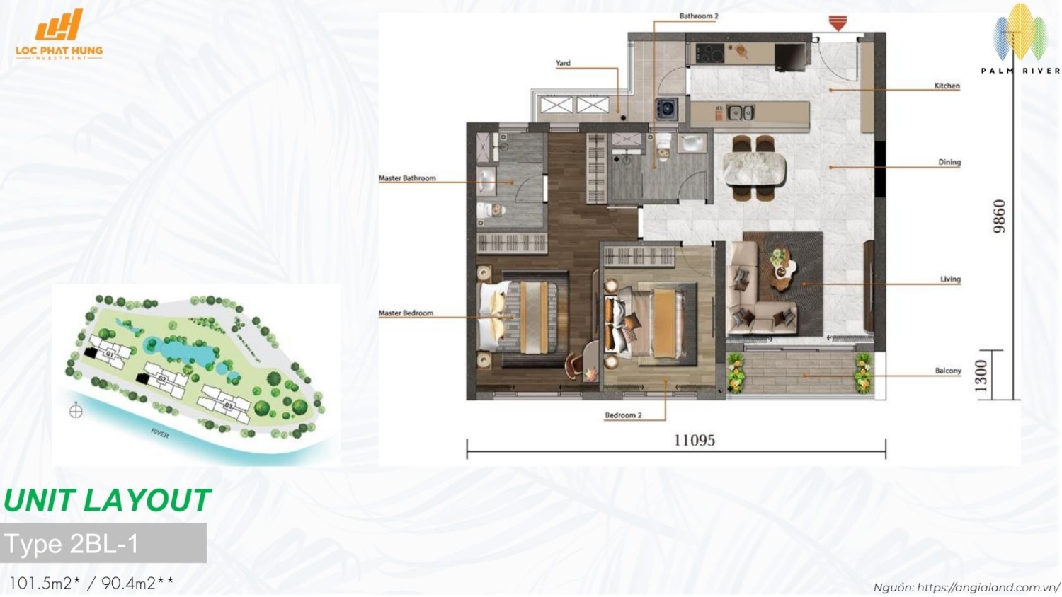 Mặt bằng căn hộ 2PN Lớn Type 2bl 1 dự án Palm River Quận 2