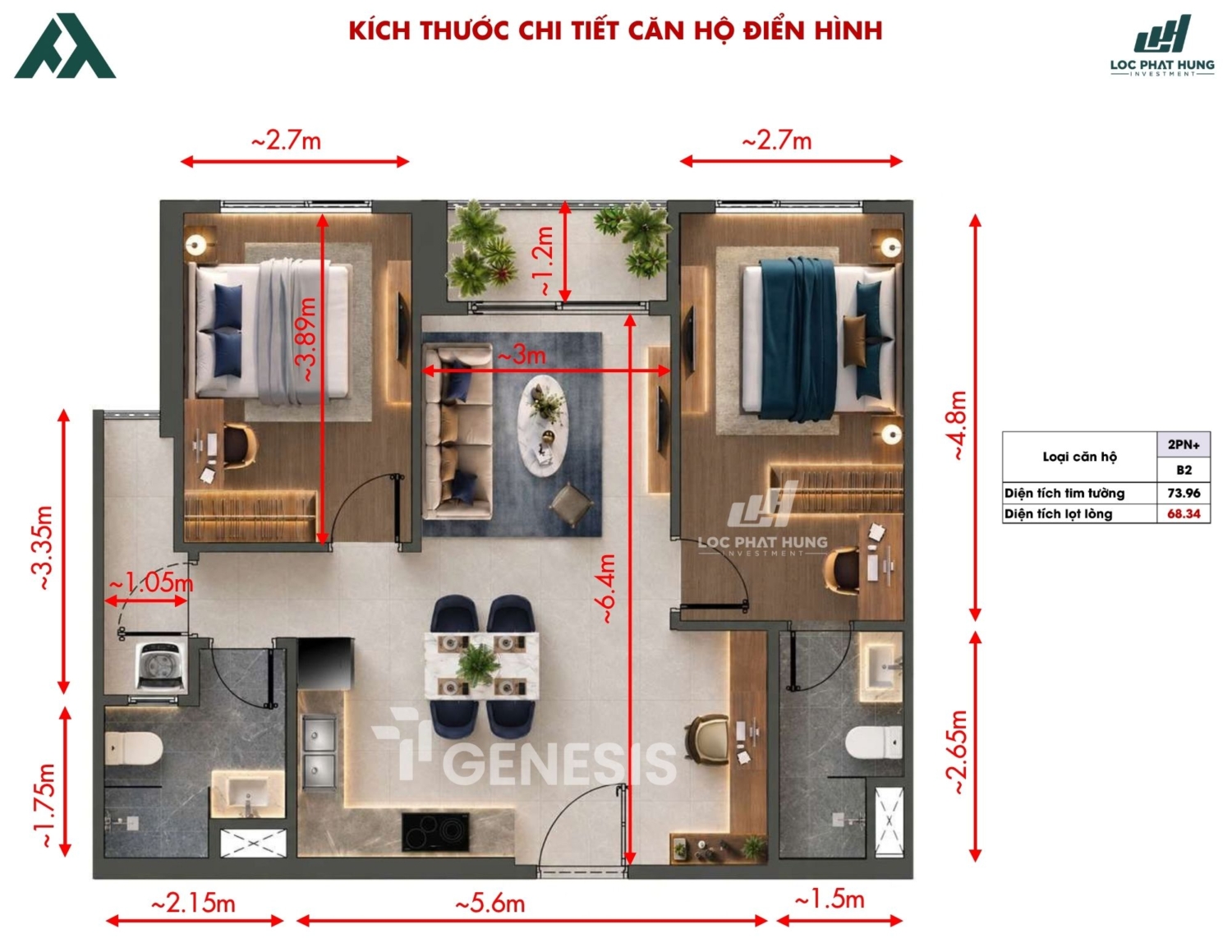 Thiết Kế Chi Tiết Căn Hộ 2 Phòng Ngủ TT Genesis