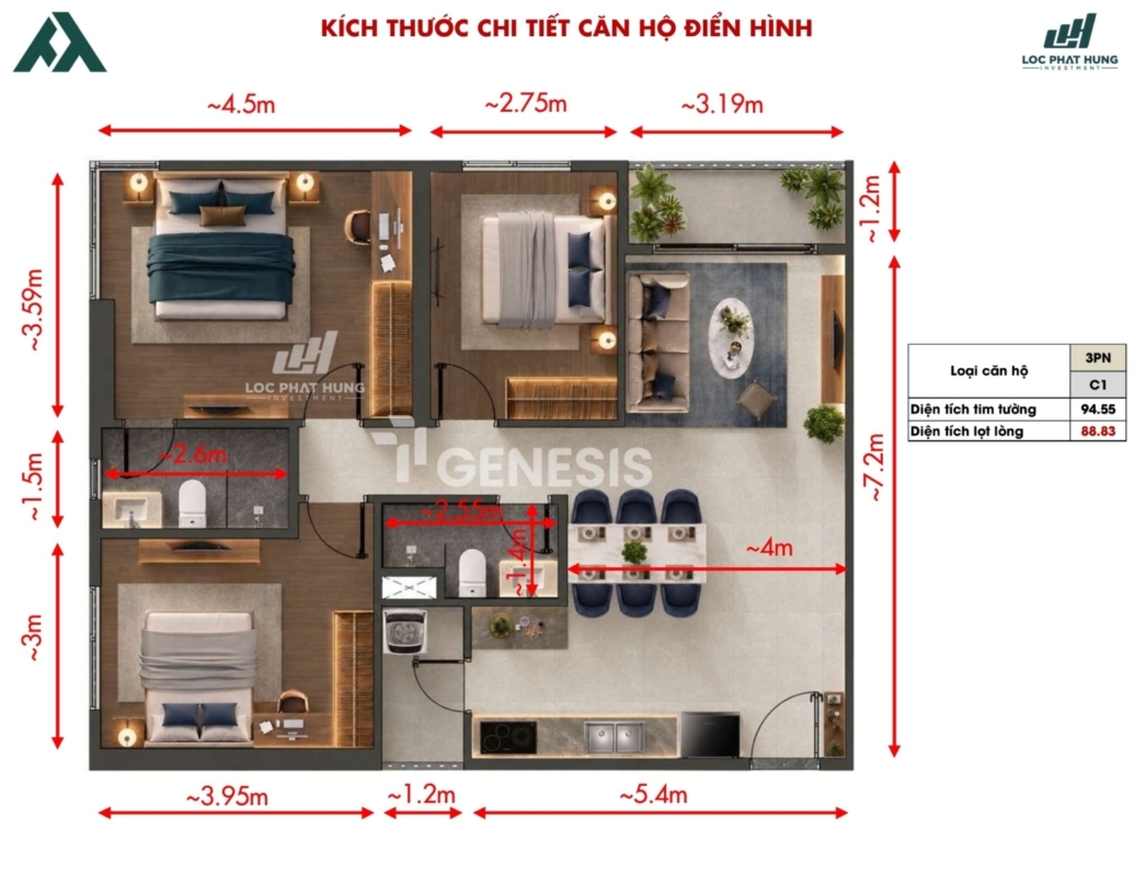 Thiết Kế Căn Hộ 3 Phòng Ngủ Tt Genesis
