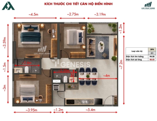 Thiết Kế Căn Hộ 3 Phòng Ngủ Tt Genesis