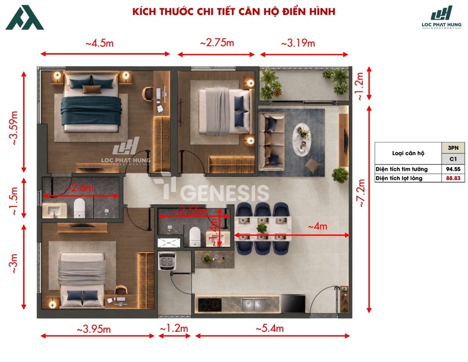 Thiết Kế Căn Hộ 3 Phòng Ngủ Tt Genesis